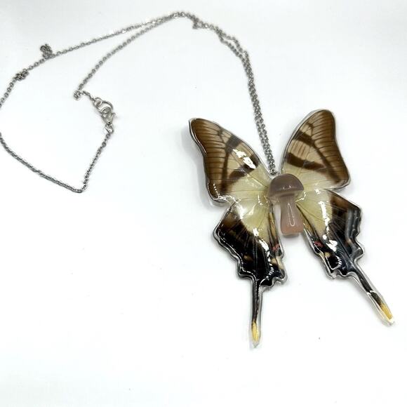 Unbranded Butterfly Large Pendant Necklace Brown Silvertone chain 70s 90s Boho - Picture 1 of 11
